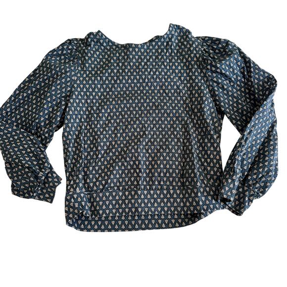 Zara Blue Leaf Print Puff Sleeve Blouse - Size 9 - Picture 1 of 4